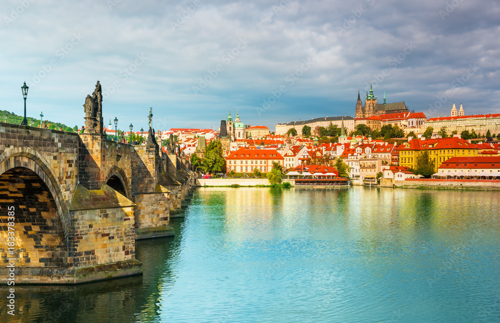 Prague historical center with castle,Hradcany,Charles bridge and Vltava river, Prague, Czech Republic