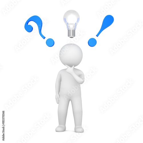 idea man idea bulb thinking man with blue 3d question mark and exclamation mark isolated on white