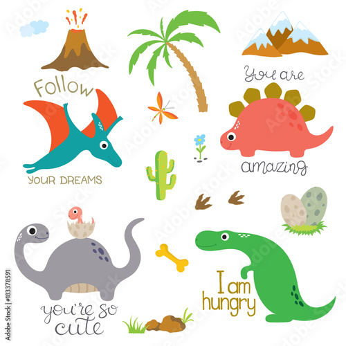 Dinosaur footprint, Volcano, Palm tree, Stones, Bone and Cactus