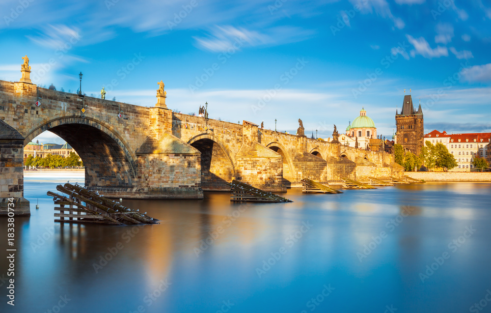 Charles bridge with statues at the sunrise,Prague, Czech Republic