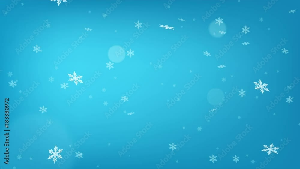 Beautiful light blue loopable abstract winter snow background with falling snowflakes and floating blurry glitter particles lights. 4K seamless loop video footage of the snowfall.