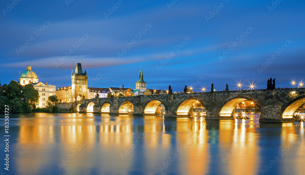 Scenic view on Vltava river and historical center of Prague, buildings and landmarks of old town, Prague, Czech Republic