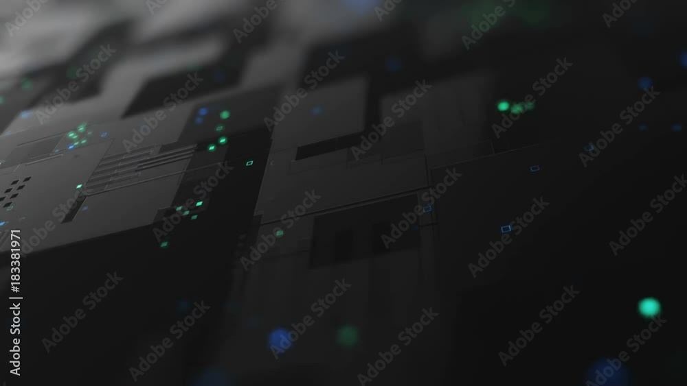 Abstract high tech digital technology background made of particles and metallic plates.  3D animation of seamless loop.