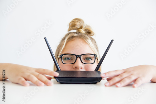 Girl working with wifi photo