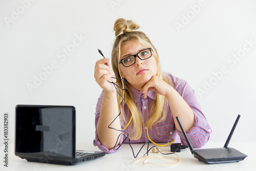 Girl fixing the router