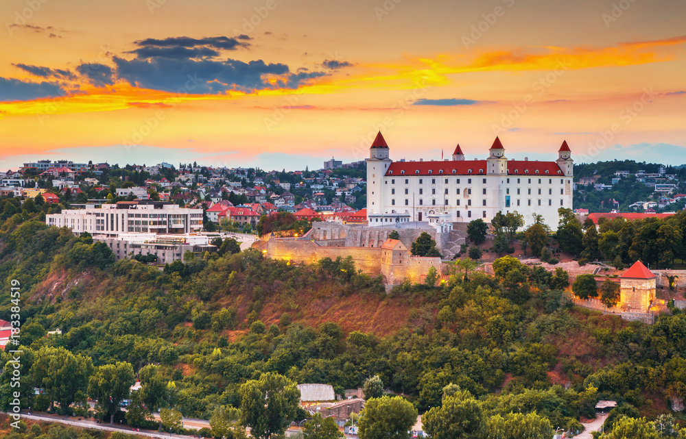 Amazing view on Bratislava castle and Slovak Parliament over Danube river in the historical center of Bratislava,Slovakia