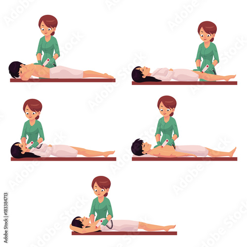Therapist, beautician doing laser hair removal from face, back, leg, armpit and breast for male and female patient, cartoon vector illustration isolated on white background. Laser hair removal set