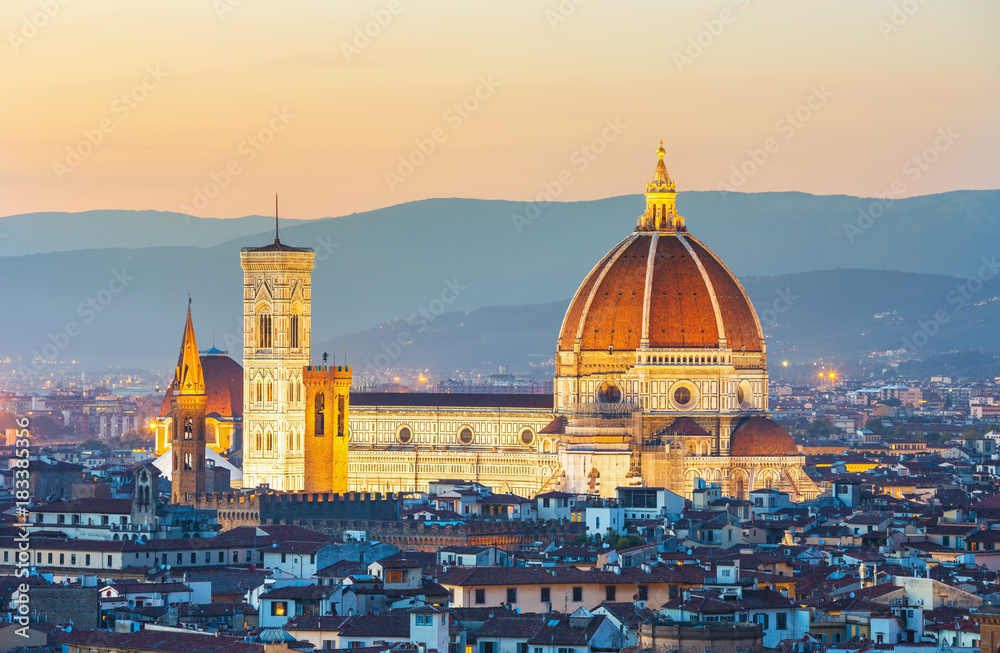 Beautiful view on hard of amazing Florence city and the Cathedral at sunrise, Florence, Italy