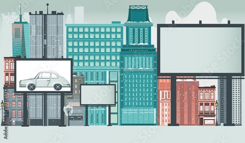 City, urban, downtown scene with high rise buildings and blank empty advertisement billboards with space for text, flat vector illustration. City, urban scene with billboards, advertising template