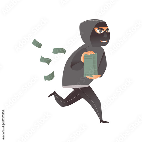 Thief in mask, robber, burglar running away with money, a pile of dollars, flat comic vector illustration isolated on white background. Thief, burglar in mask and black suit runs away with money