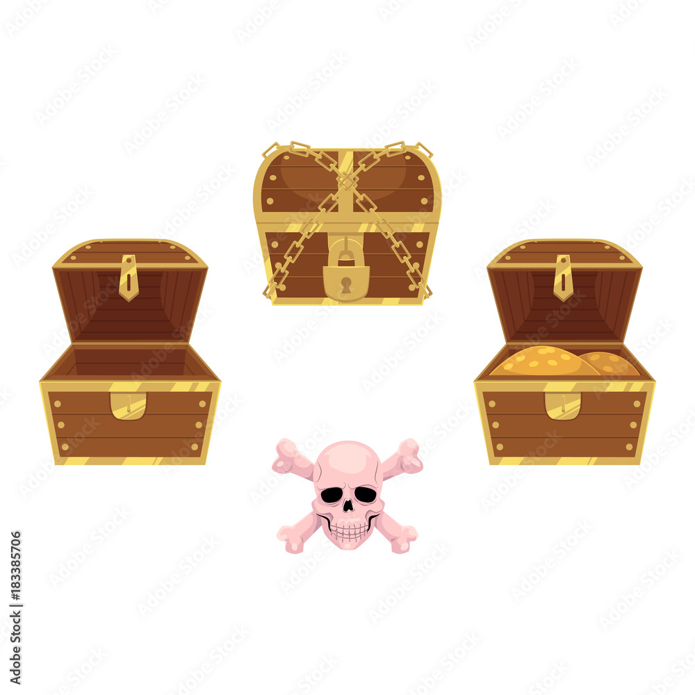 vector wooden treasure chest set and skull and cross bones. Isolated illustration on a white background. Opened, full of golden coins, closed and chained boxes and pirates , risk and adventure sign vector wooden treasure chest set and skull and cross bones. Isolated illustration on a white background. Opened, full of golden coins, closed and chained boxes and pirates , risk and adventure sign