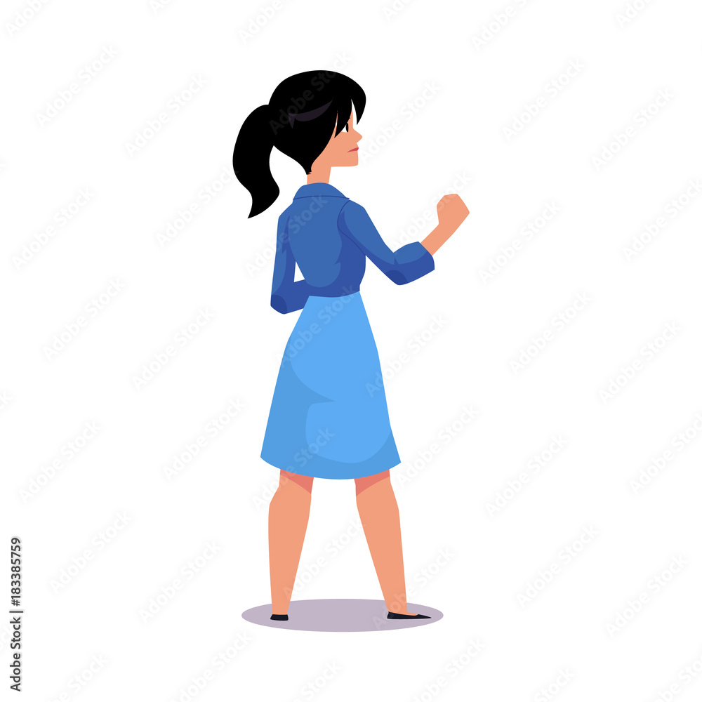 Woman, girl standing in boxing, fighting position, clenching fists, ready to fight, cartoon vector illustration isolated on white background. Rear view of girl, woman ready to fight, facing a threat Woman, girl standing in boxing, fighting position, clenching fists, ready to fight, cartoon vector illustration isolated on white background. Rear view of girl, woman ready to fight, facing a threat