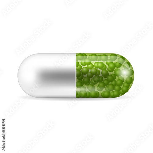 A pill in the capsule shape isolated on the white background. The two-piece tablet in the caplet form with the green granules inside it. Vector illustration of medicine and drugs.