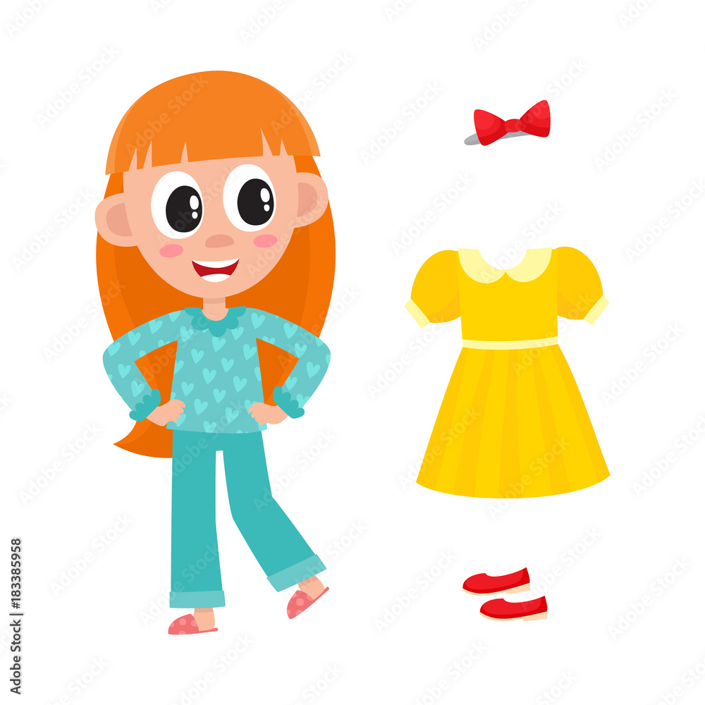 vector flat cute girl kid child with long red hair in funny nightgown and slippers standing smiling, outfit set - dress, shoes and bowtie. isolated illustration on a white background. vector flat cute girl kid child with long red hair in funny nightgown and slippers standing smiling, outfit set - dress, shoes and bowtie. isolated illustration on a white background.