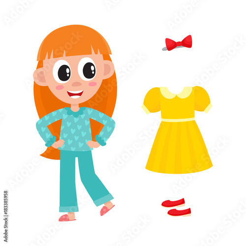 vector flat cute girl kid child with long red hair in funny nightgown and slippers standing smiling, outfit set - dress, shoes and bowtie. isolated illustration on a white background.