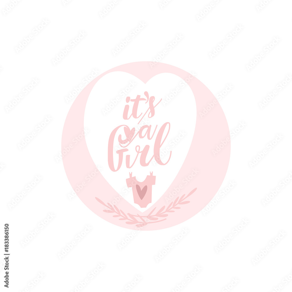 vector flat cartoon it's a girl inscription colored in pink in heart shape frame and baby t-shirt image. Isolated illustration on a white background. vector flat cartoon it's a girl inscription colored in pink in heart shape frame and baby t-shirt image. Isolated illustration on a white background.