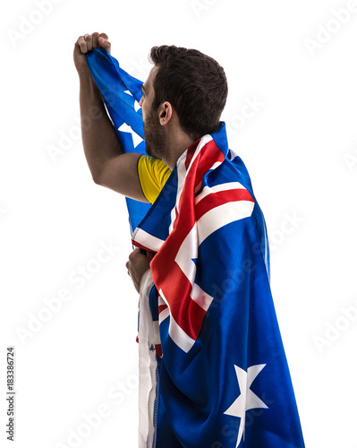 Australian fan celebrating on white background