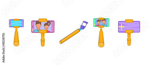 Selfie stick icon set, cartoon style