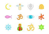 Religion sign icon set, cartoon style