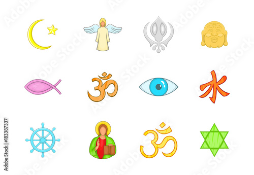 Religion sign icon set, cartoon style