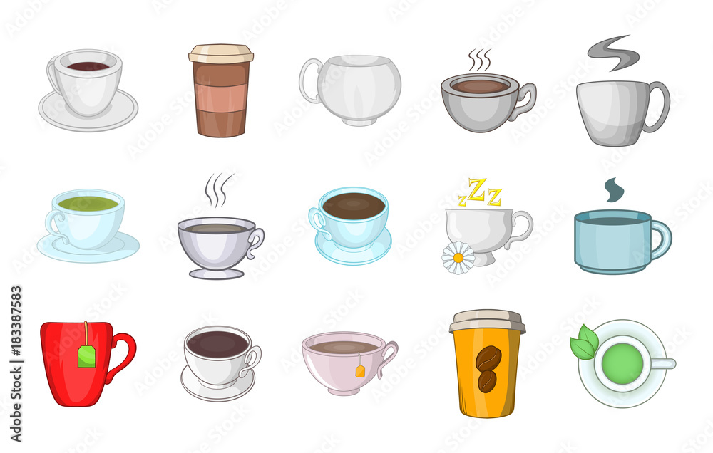 Cup icon set, cartoon style Cup icon set, cartoon style