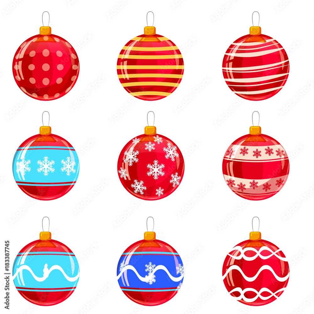 Christmas balls. Set of isolated cartoon decorations. Vector illustration.
