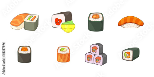 Sushi icon set, cartoon style