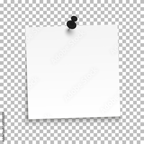 White sheet of note paper with push pin on a transparent background. Vector illustration