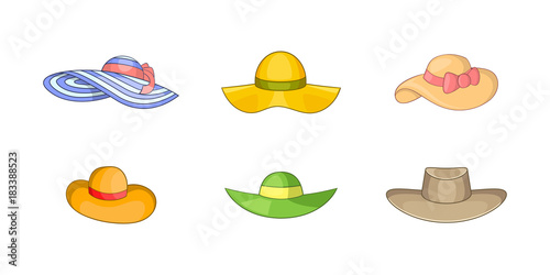 Woman hat icon set, cartoon style