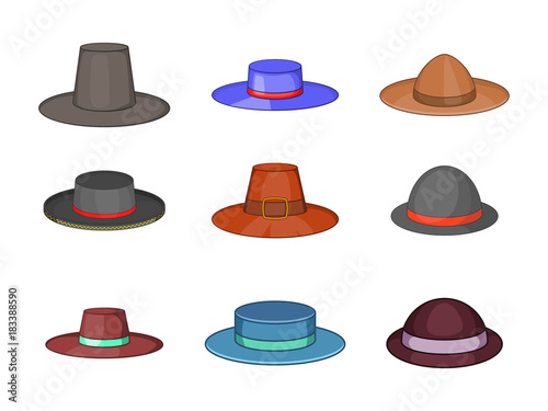 Porkpie hat icon set, cartoon style