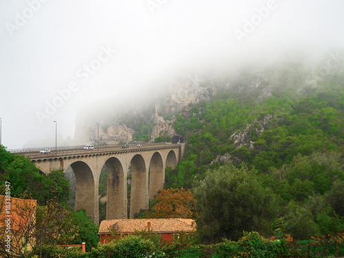 Stone Arch bridge (viaduct) near Eze village, French Riviera, Cote d'Azur, France.