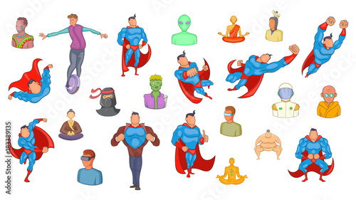 Super heroes icon set, cartoon style