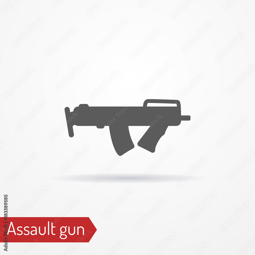 Abstract compact assault submachine gun. Isolated icon in line style with shadow. Typical police or army special forces weapon. Military vector stock image.