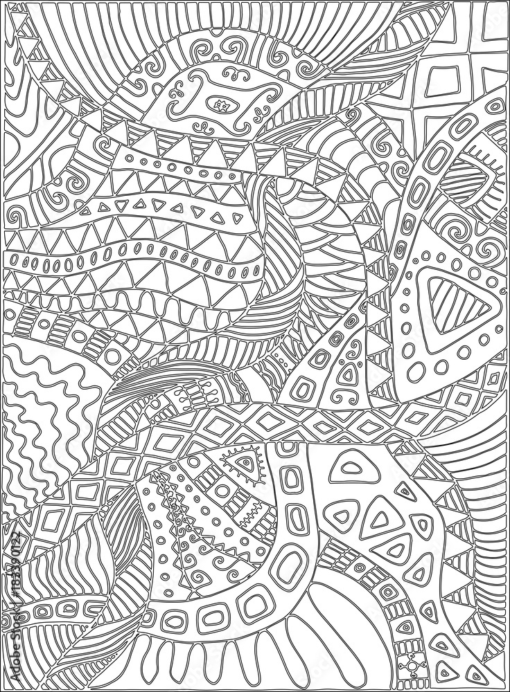 Coloring page with scribbles, plants, pattern.