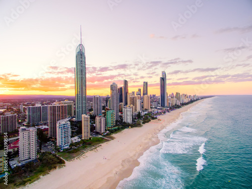 An aerial view of Surfers Paradise on the Gold Coast in Queensland, Australia at sunset 