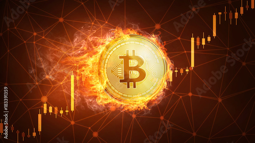 Golden bitcoin coin in fire with bull trading stock chart. Bitcoin Gold and Cash lightning blockchain hard fork concept. Cryptocurrency coin illustration on polygon peer to peer network background.