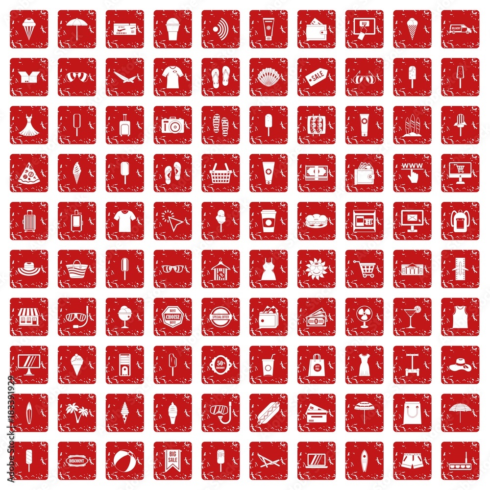 100 summer shopping icons set grunge red 100 summer shopping icons set grunge red
