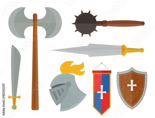 Knights symbols medieval weapons heraldic knighthood elements medieval kingdom gear knightly vector illustration.