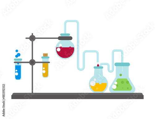 Chemical laboratory flask glassware tube liquid biotechnology analysis and medical scientific equipment chemistry lab experiment vector illustration.