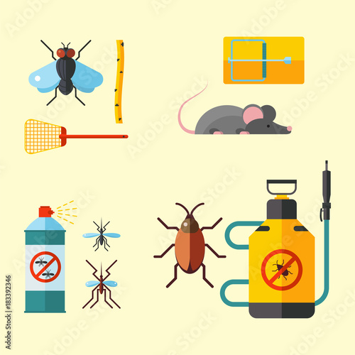 Home pest insect vector control expert vermin exterminator service pest insect thrips equipment flat icons illustration.