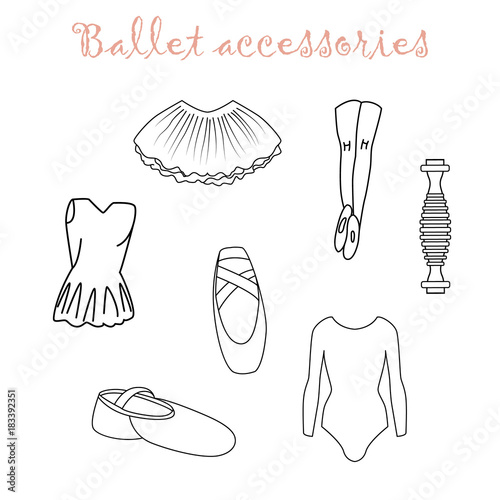 Ballet accessories icons set in outline style 