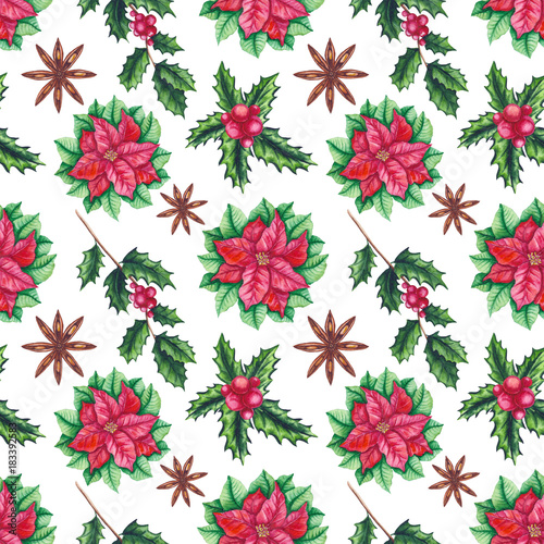 Seamless Pattern of Watercolor Cinnnamon and Poinsetia