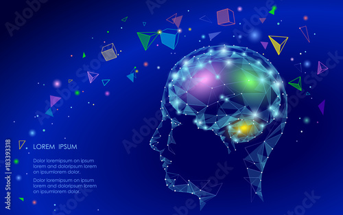 Low poly abstract brain virtual reality concept. Geometric polygonal shapes triangle linear mind imagination dream modern vector illustration active thinking process. Human extra mental intelligence