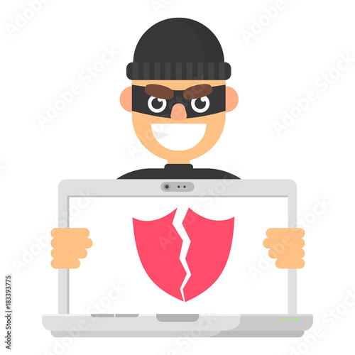 Cracked shield guard on screen computer with attacker hacker
