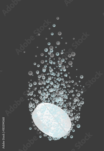 Round-shaped soluble pill. Aspirin tablet with bubbles dissolving in water. Medicine and drugs.
