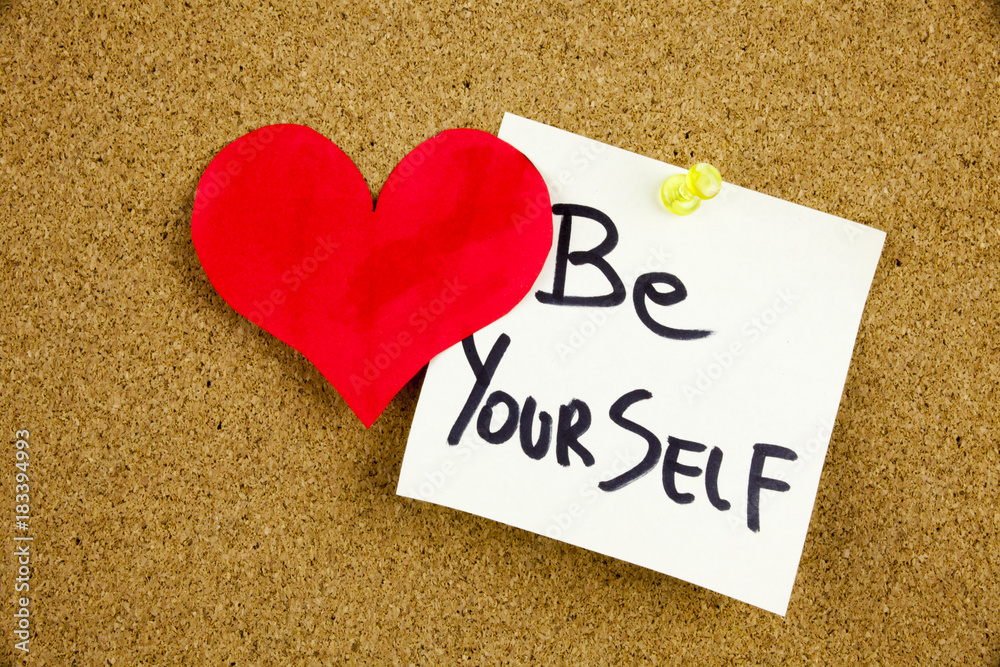A yellow sticky note writing, caption, inscription Be your best self - positive words on a slate blackboard in black ext on a sticky note pinned to a cork notice board A yellow sticky note writing, caption, inscription Be your best self - positive words on a slate blackboard in black ext on a sticky note pinned to a cork notice board