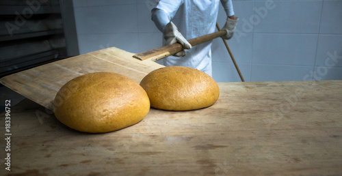 Baker woman getting bread out of bakery oven in her bakery photo