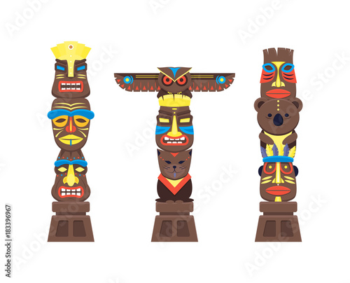 Cartoon Traditional Religious Totem Color Columns Set. Vector