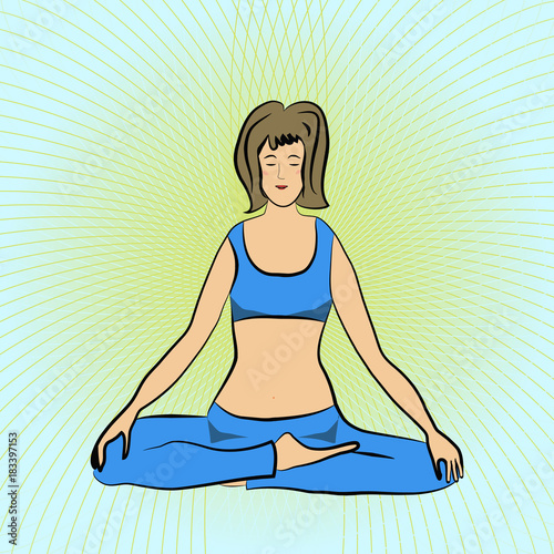 Women sitting in lotos pose on a yellow and ligth blue background