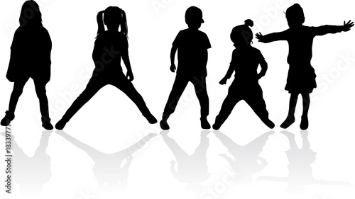 Vector silhouette of children on white background.